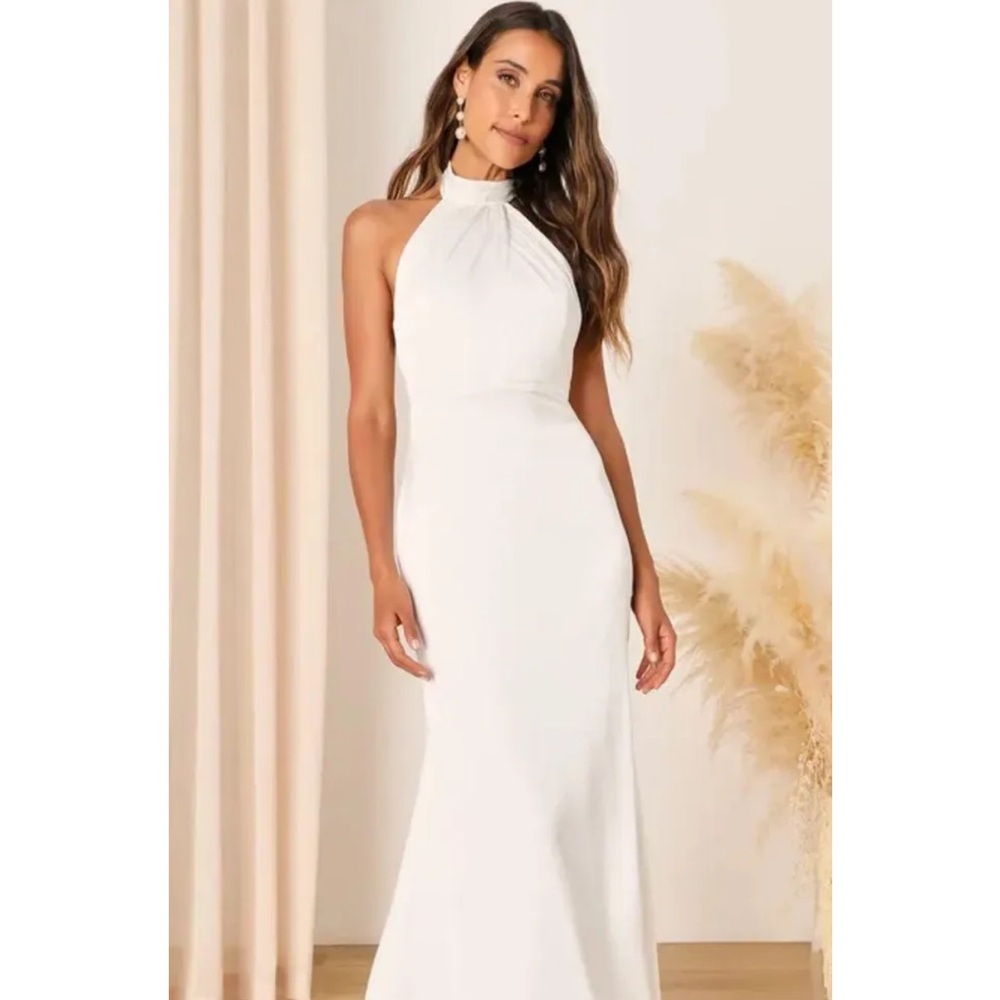 Lulus Eternity Together White Satin Halter Mermaid Maxi